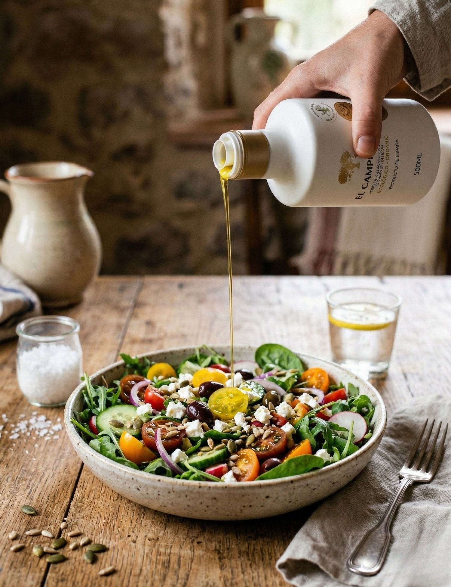 Ensalada nutritiva siendo aliñada por Aceite ecológico