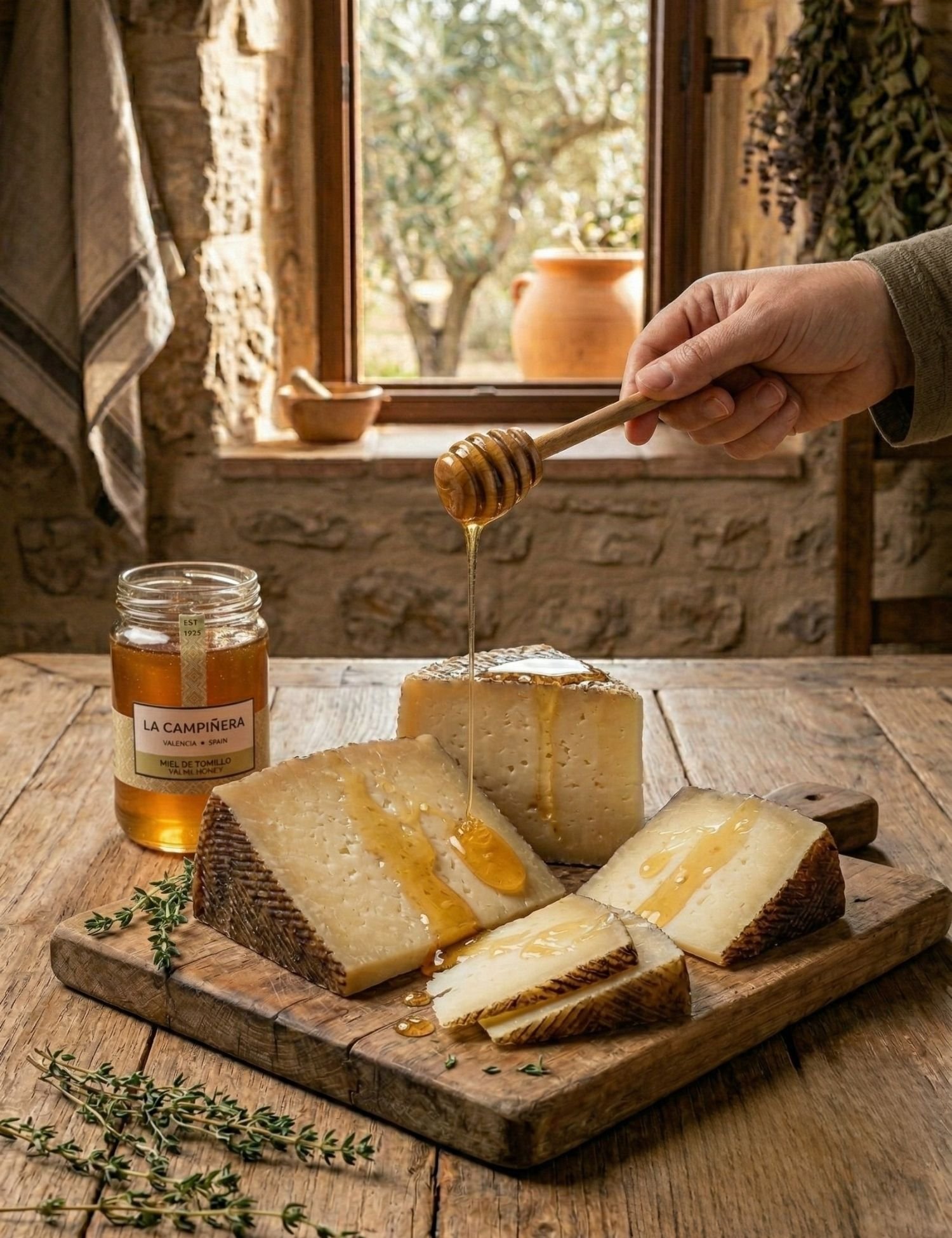 Tabla de quesos aliñados con miel de tomillo