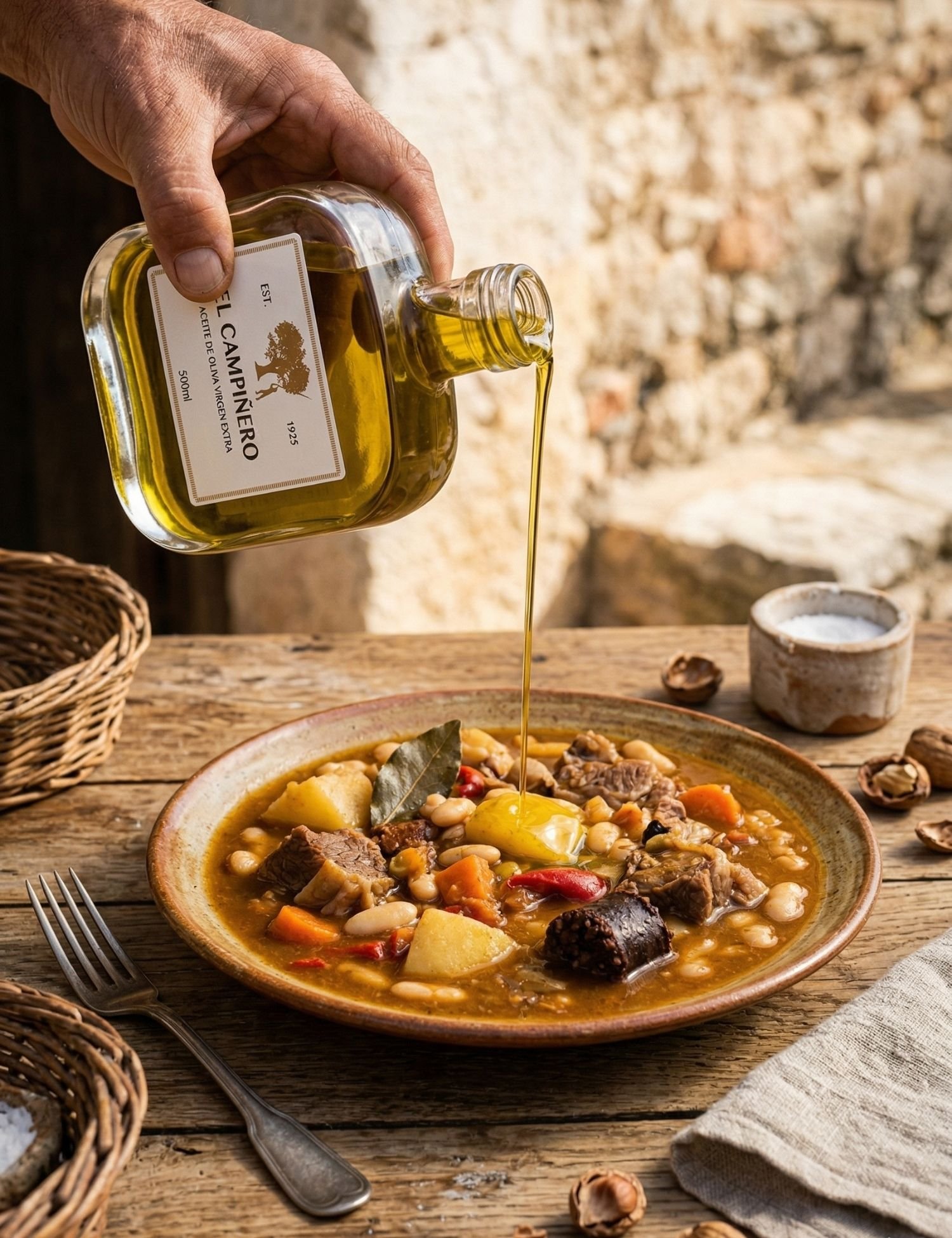 Aceite de Oliva Centenario cayendo sobre un plato de guiso
