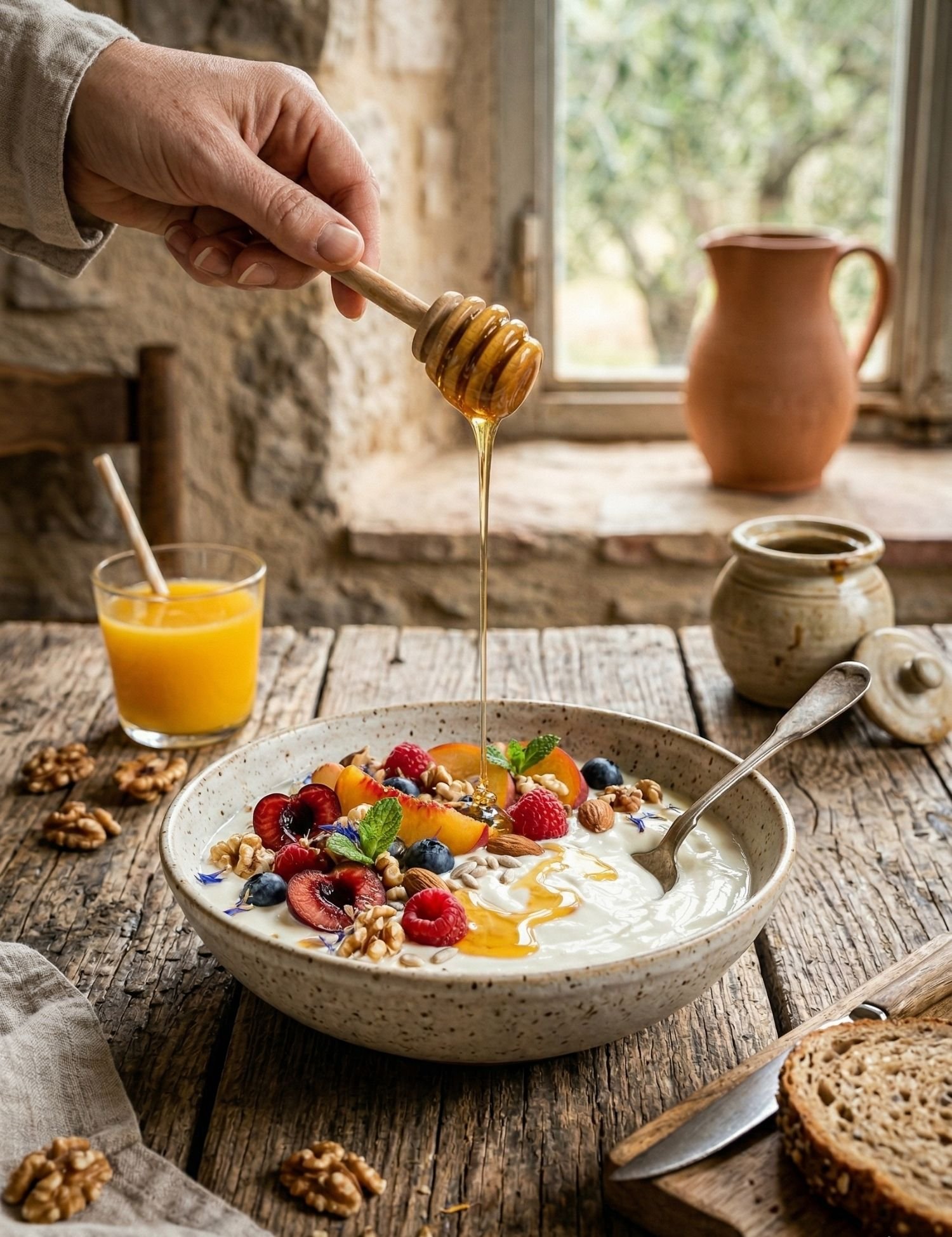 Desayuno saludable de yogur natural y frutas al que se le añade miel