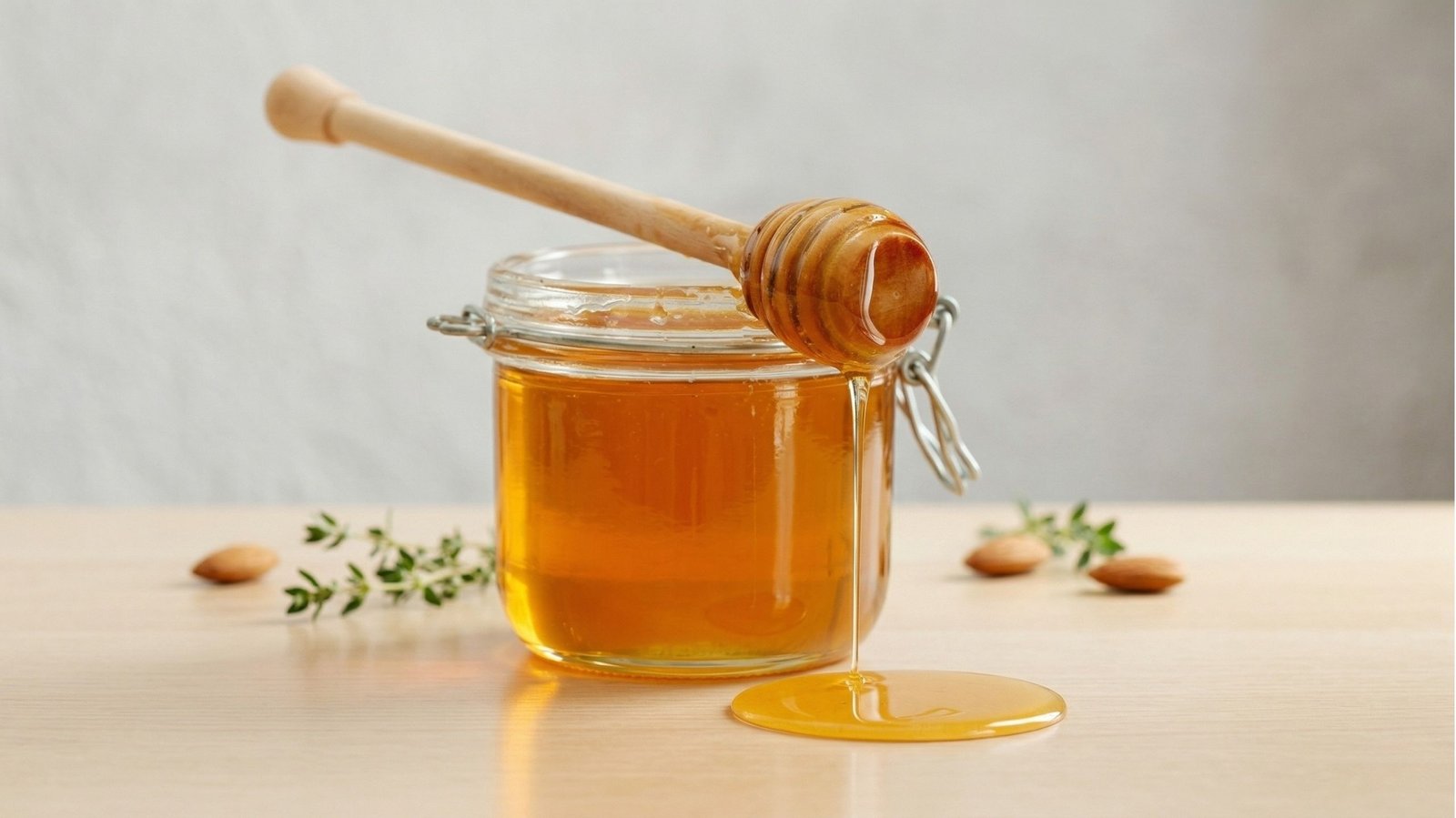Tarro de miel y miel derramandose que demuestra su textura